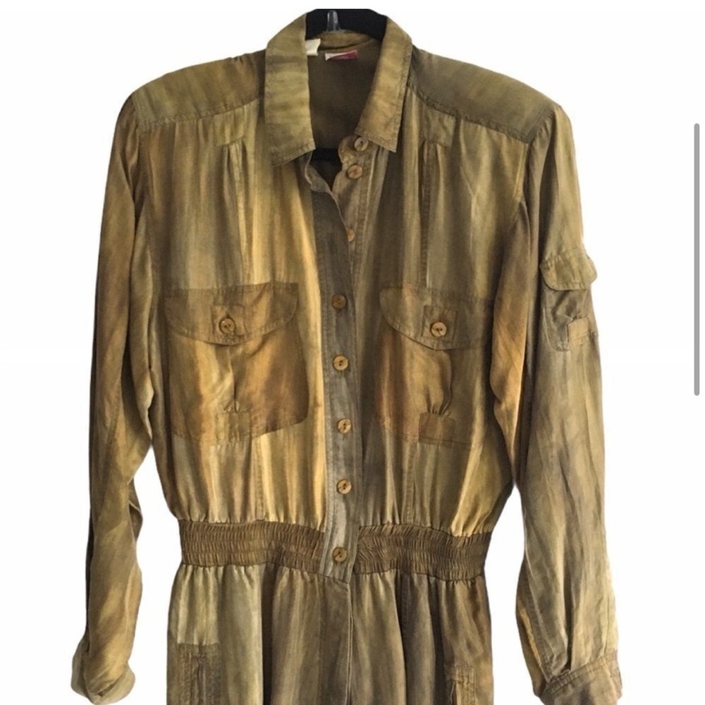 Vintage Bianca 100% Silk Jumpsuit Utility Military Olive Green Oversized Small - Picture 5 of 11